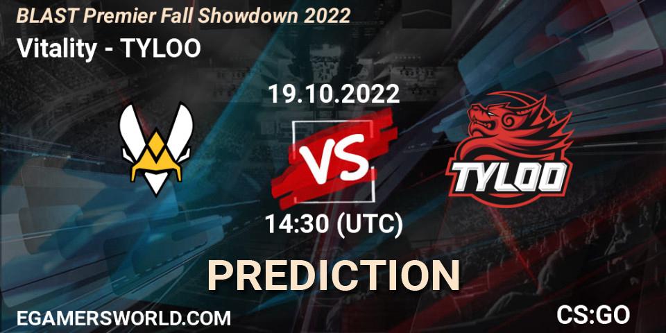 Vitality contre TYLOO : prédiction de match. 19.10.2022 at 14:30. Counter-Strike (CS2), BLAST Premier Fall Showdown 2022 Europe