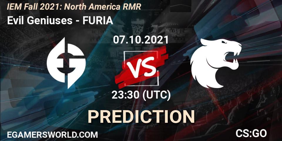 Evil Geniuses contre FURIA : prédiction de match. 07.10.2021 at 23:30. Counter-Strike (CS2), IEM Fall 2021: North America RMR
