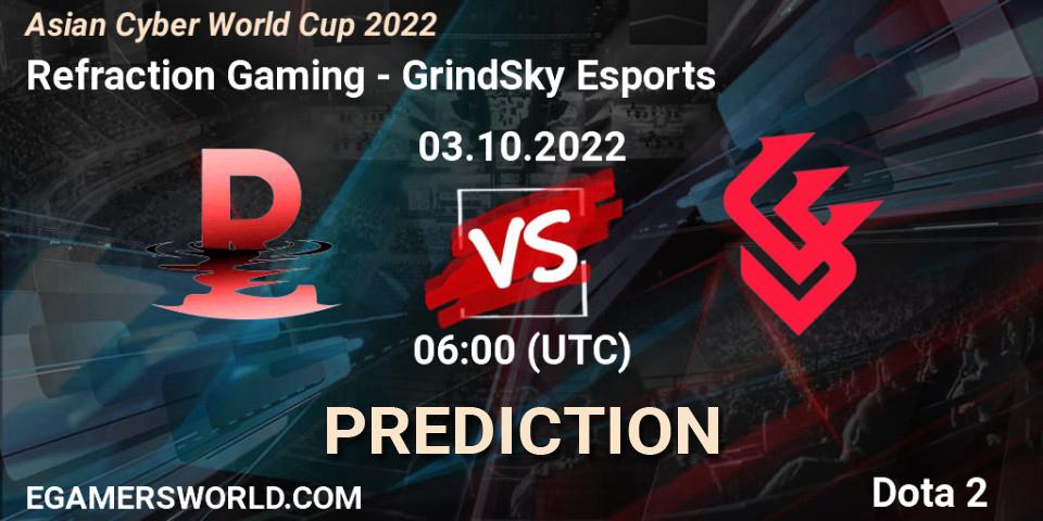 Refraction Gaming contre GrindSky Esports : prédiction de match. 03.10.2022 at 06:11. Dota 2, Asian Cyber World Cup 2022
