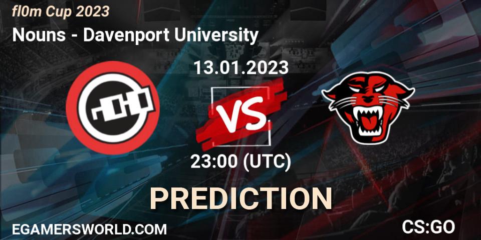 Nouns contre Davenport University : prédiction de match. 13.01.2023 at 23:00. Counter-Strike (CS2), fl0m Cup 2023