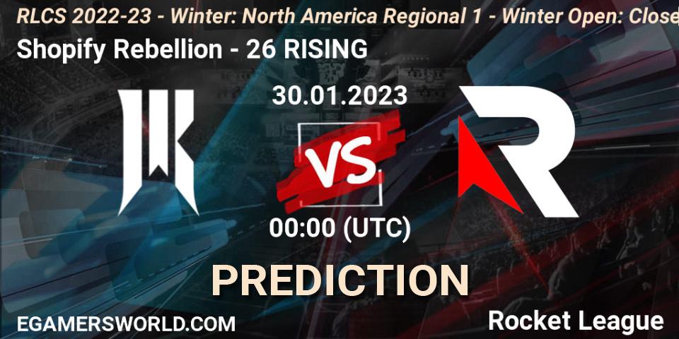 Shopify Rebellion contre 26 RISING : prédiction de match. 30.01.2023 at 00:00. Rocket League, RLCS 2022-23 - Winter: North America Regional 1 - Winter Open: Closed Qualifier