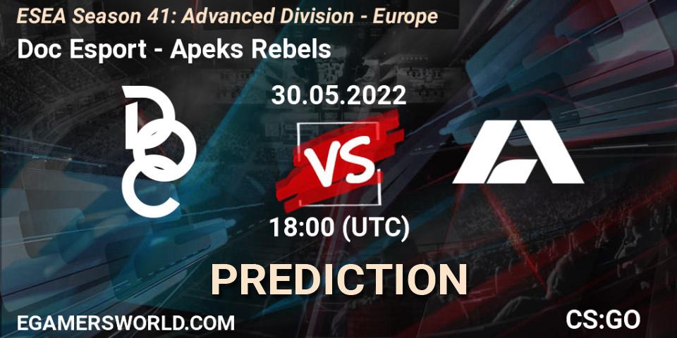 Doc Esport contre Apeks Rebels : prédiction de match. 30.05.2022 at 18:00. Counter-Strike (CS2), ESEA Season 41: Advanced Division - Europe