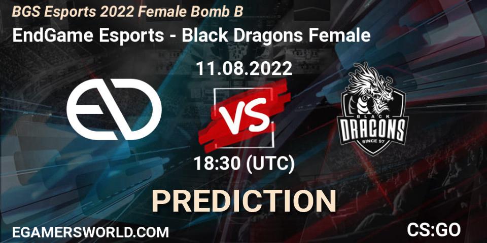 EndGame Esports contre Black Dragons Female : prédiction de match. 11.08.2022 at 18:30. Counter-Strike (CS2), Monster Energy BGS Bomb B Women Cup 2022