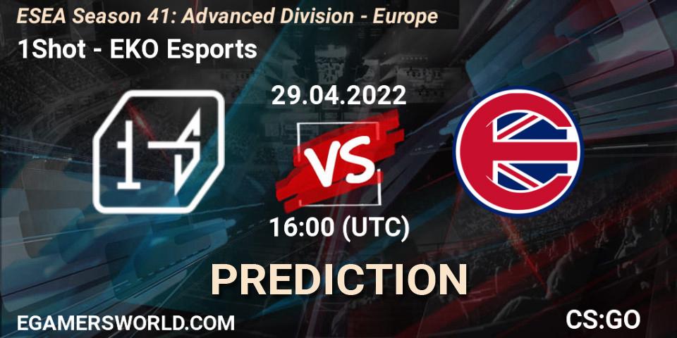 1Shot contre EKO Esports : prédiction de match. 29.04.2022 at 16:00. Counter-Strike (CS2), ESEA Season 41: Advanced Division - Europe