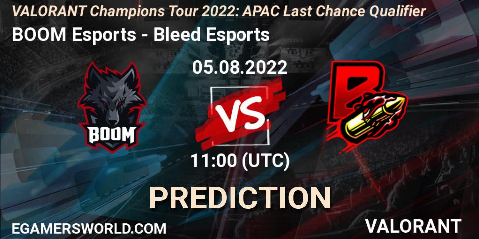 BOOM Esports contre Bleed Esports : prédiction de match. 05.08.2022 at 11:00. VALORANT, VCT 2022: APAC Last Chance Qualifier