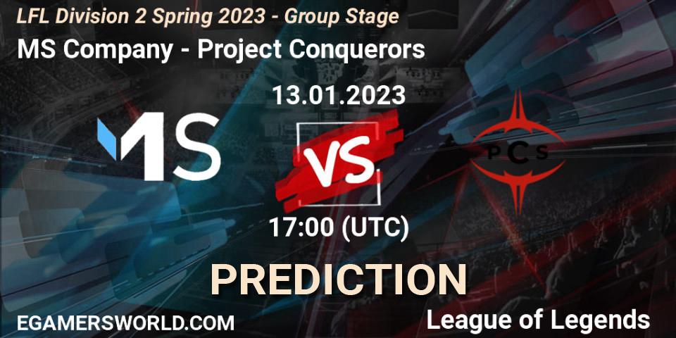 MS Company contre Project Conquerors : prédiction de match. 13.01.2023 at 17:00. LoL, LFL Division 2 Spring 2023 - Group Stage