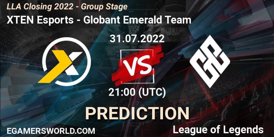 XTEN Esports contre Globant Emerald Team : prédiction de match. 31.07.2022 at 21:00. LoL, LLA Closing 2022 - Group Stage