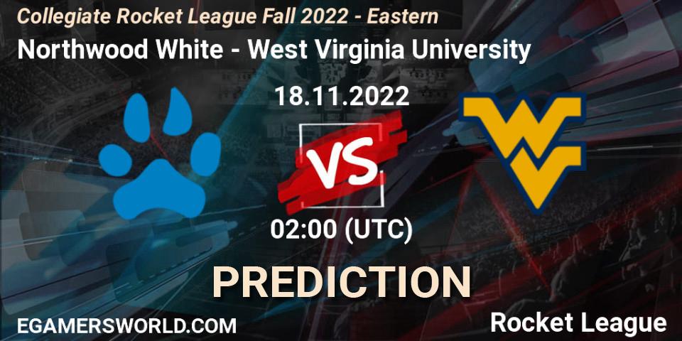 Northwood White contre West Virginia University : prédiction de match. 18.11.2022 at 02:00. Rocket League, Collegiate Rocket League Fall 2022 - Eastern
