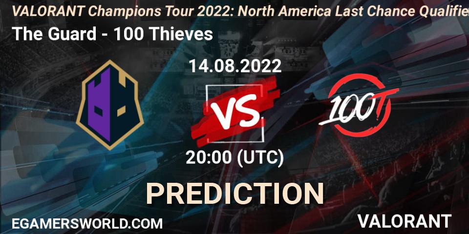 The Guard contre 100 Thieves : prédiction de match. 14.08.2022 at 20:15. VALORANT, VCT 2022: North America Last Chance Qualifier