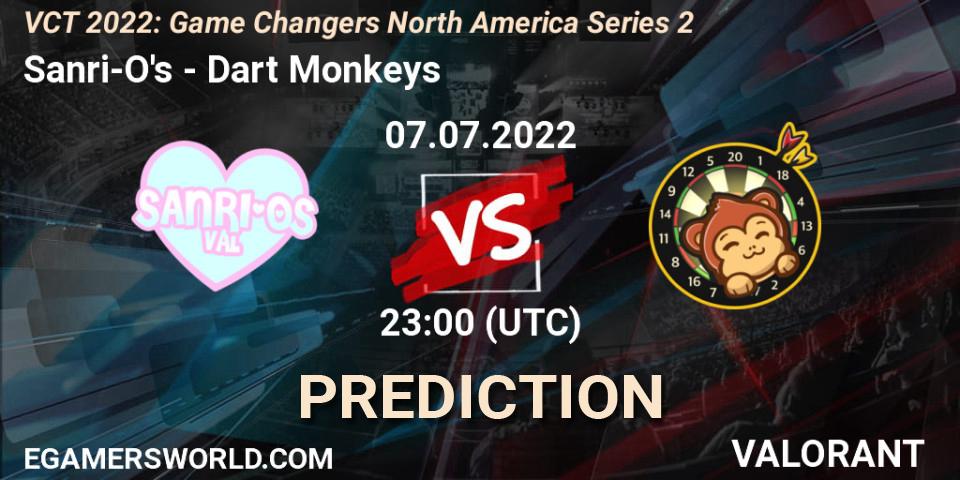 Sanri-O's contre Dart Monkeys : prédiction de match. 07.07.2022 at 22:40. VALORANT, VCT 2022: Game Changers North America Series 2