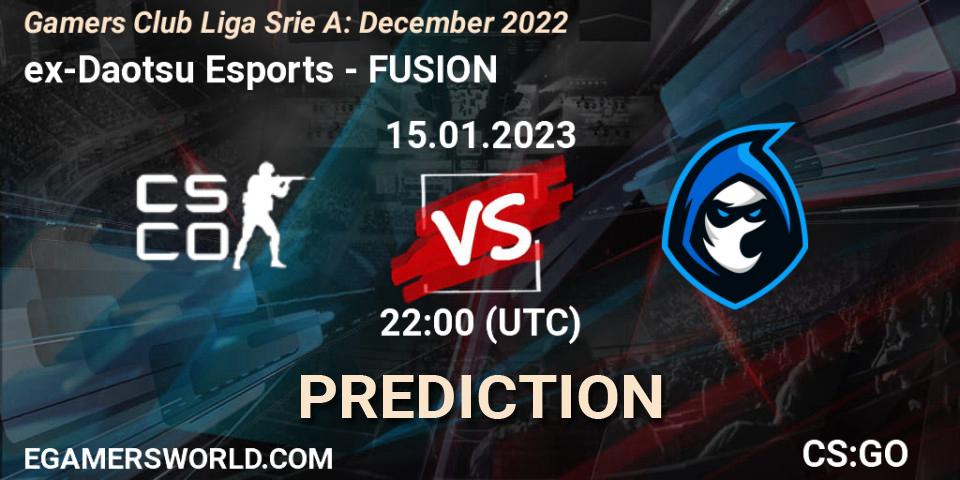 ex-Daotsu Esports contre FUSION : prédiction de match. 15.01.2023 at 22:00. Counter-Strike (CS2), Gamers Club Liga Série A: December 2022