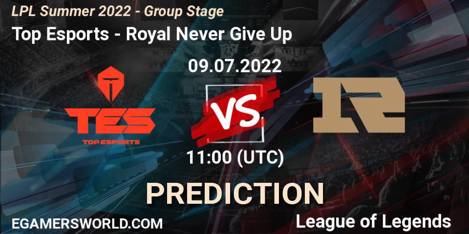 Top Esports contre Royal Never Give Up : prédiction de match. 09.07.22. LoL, LPL Summer 2022 - Group Stage