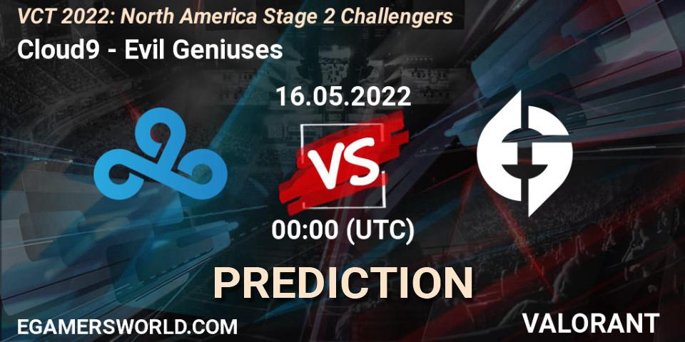 Cloud9 contre Evil Geniuses : prédiction de match. 15.05.2022 at 23:00. VALORANT, VCT 2022: North America Stage 2 Challengers