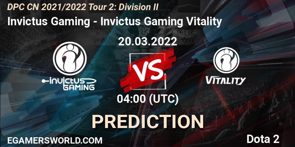 Invictus Gaming contre Invictus Gaming Vitality : prédiction de match. 20.03.2022 at 04:17. Dota 2, DPC 2021/2022 Tour 2: CN Division II (Lower)
