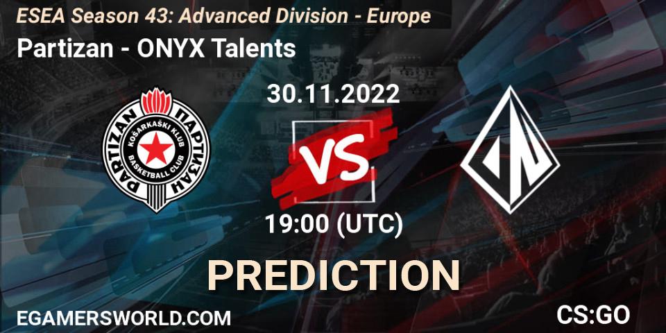 Partizan contre ONYX Talents : prédiction de match. 30.11.22. CS2 (CS:GO), ESEA Season 43: Advanced Division - Europe
