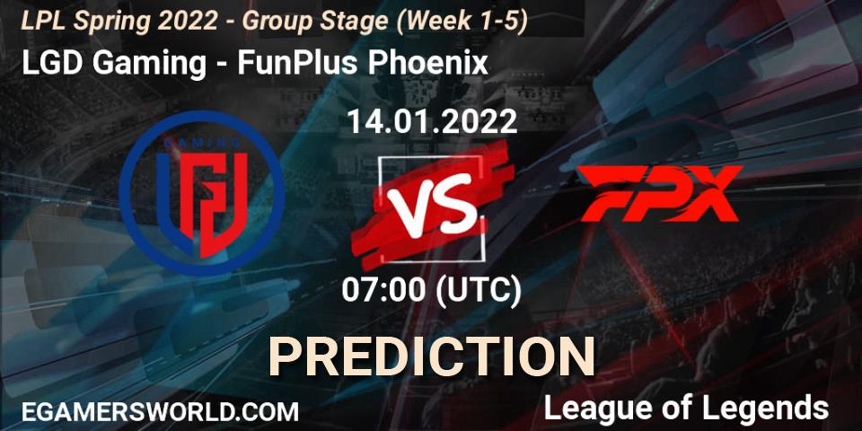LGD Gaming contre FunPlus Phoenix : prédiction de match. 14.01.2022 at 07:00. LoL, LPL Spring 2022 - Group Stage (Week 1-5)