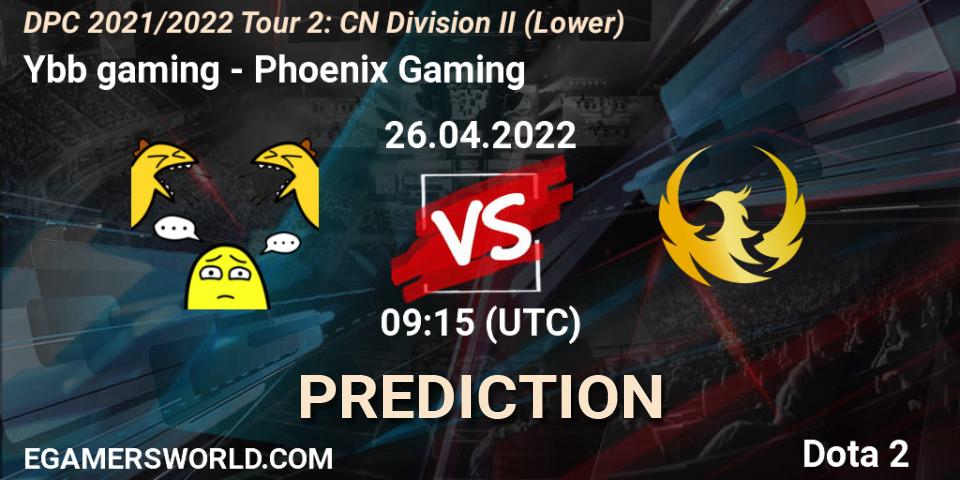 Ybb gaming contre Phoenix Gaming : prédiction de match. 26.04.2022 at 09:20. Dota 2, DPC 2021/2022 Tour 2: CN Division II (Lower)