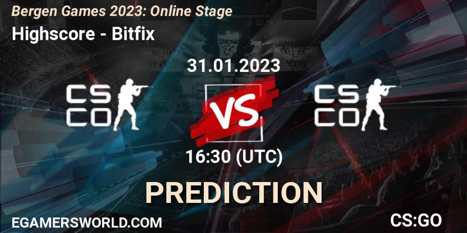 Highscore contre Bitfix : prédiction de match. 31.01.2023 at 16:30. Counter-Strike (CS2), Bergen Games 2023: Online Stage