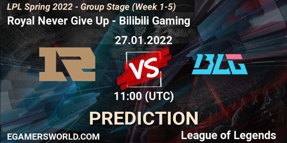 Royal Never Give Up contre Bilibili Gaming : prédiction de match. 27.01.2022 at 11:00. LoL, LPL Spring 2022 - Group Stage (Week 1-5)