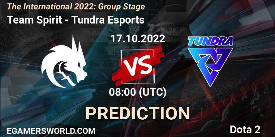 Team Spirit contre Tundra Esports : prédiction de match. 17.10.2022 at 10:05. Dota 2, The International 2022: Group Stage