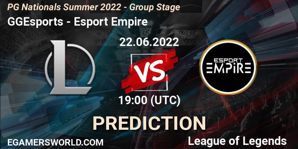 GGEsports contre Esport Empire : prédiction de match. 22.06.2022 at 19:15. LoL, PG Nationals Summer 2022 - Group Stage