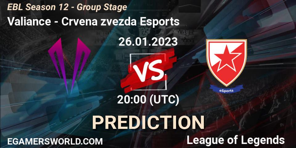 Valiance contre Crvena zvezda Esports : prédiction de match. 26.01.2023 at 20:00. LoL, EBL Season 12 - Group Stage