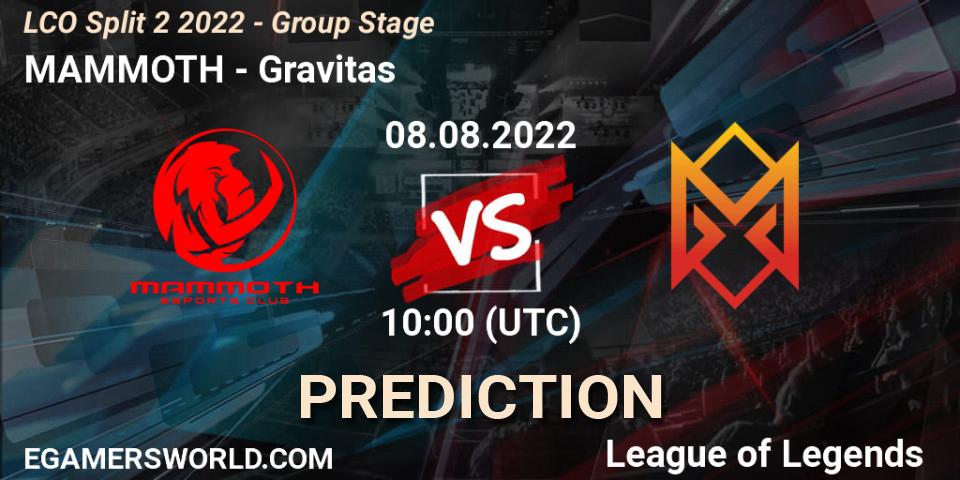MAMMOTH contre Gravitas : prédiction de match. 08.08.2022 at 10:10. LoL, LCO Split 2 2022 - Group Stage