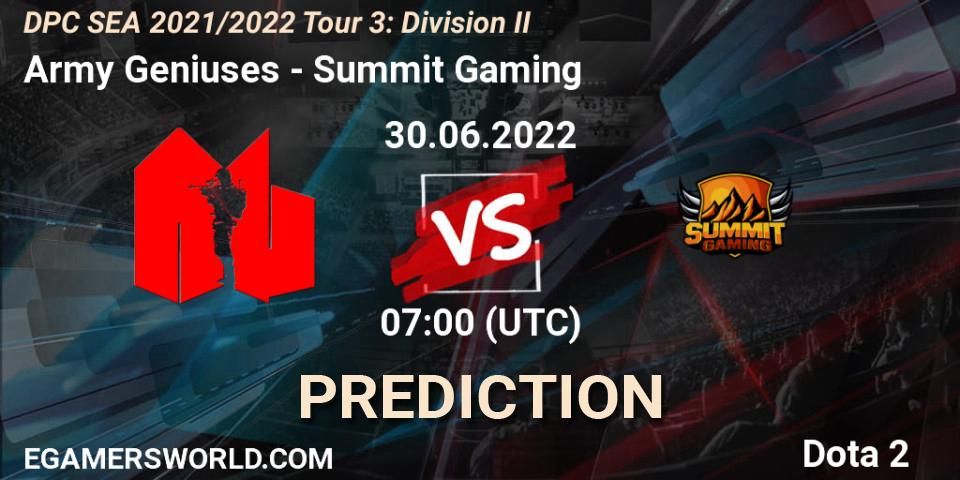 Army Geniuses contre Summit Gaming : prédiction de match. 30.06.2022 at 07:02. Dota 2, DPC SEA 2021/2022 Tour 3: Division II