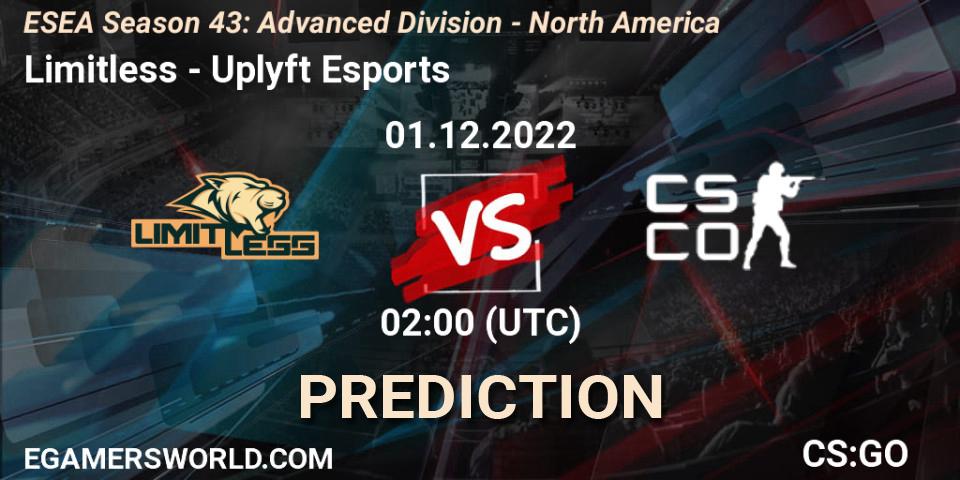 Limitless contre Uplyft Esports : prédiction de match. 01.12.2022 at 02:00. Counter-Strike (CS2), ESEA Season 43: Advanced Division - North America