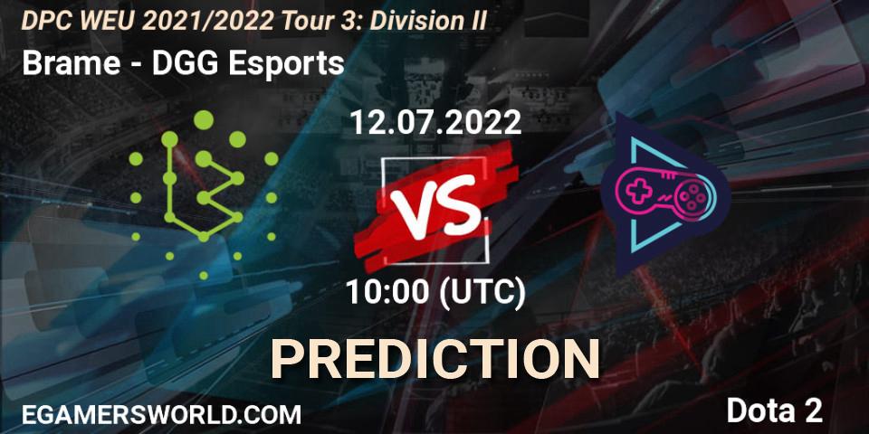 Brame contre DGG Esports : prédiction de match. 12.07.2022 at 09:55. Dota 2, DPC WEU 2021/2022 Tour 3: Division II