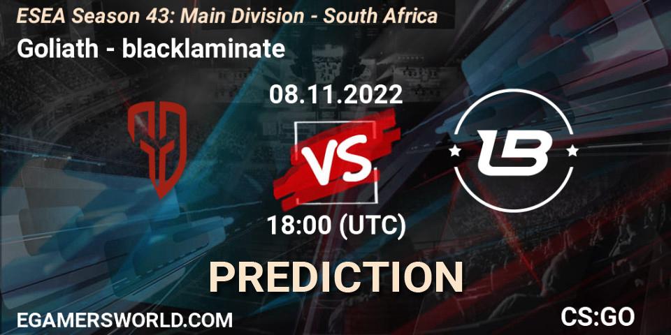 Goliath contre blacklaminate : prédiction de match. 08.11.2022 at 18:00. Counter-Strike (CS2), ESEA Season 43: Main Division - South Africa