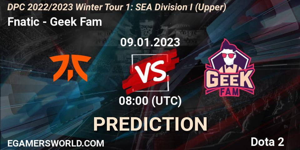 Fnatic contre Geek Fam : prédiction de match. 09.01.2023 at 08:00. Dota 2, DPC 2022/2023 Winter Tour 1: SEA Division I (Upper)
