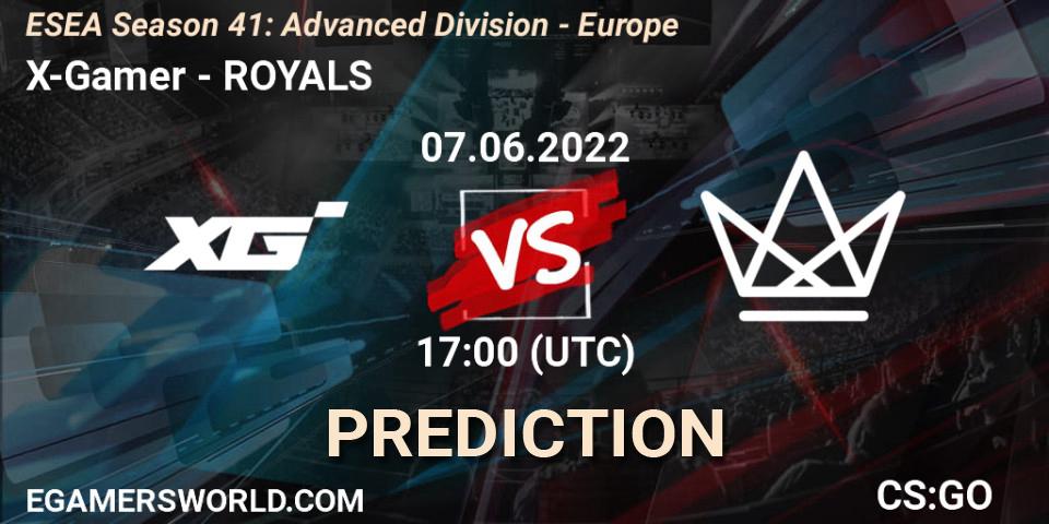 X-Gamer contre ROYALS : prédiction de match. 07.06.2022 at 17:00. Counter-Strike (CS2), ESEA Season 41: Advanced Division - Europe