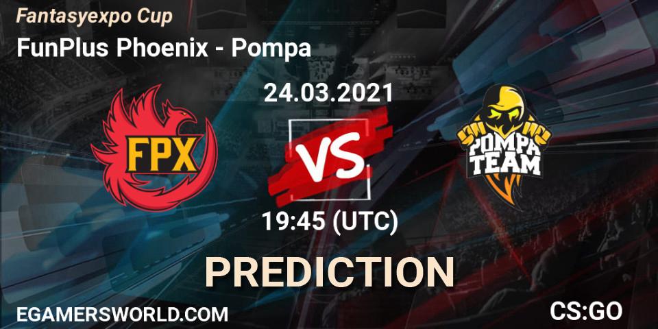 FunPlus Phoenix contre Pompa : prédiction de match. 24.03.2021 at 19:45. Counter-Strike (CS2), Fantasyexpo Cup Spring 2021