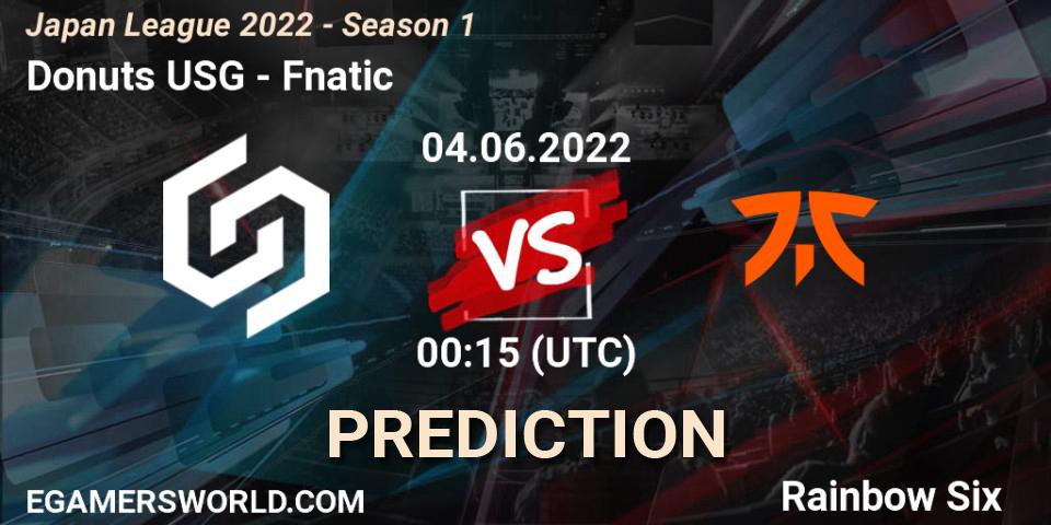 Donuts USG contre Fnatic : prédiction de match. 04.06.2022 at 00:15. Rainbow Six, Japan League 2022 - Season 1