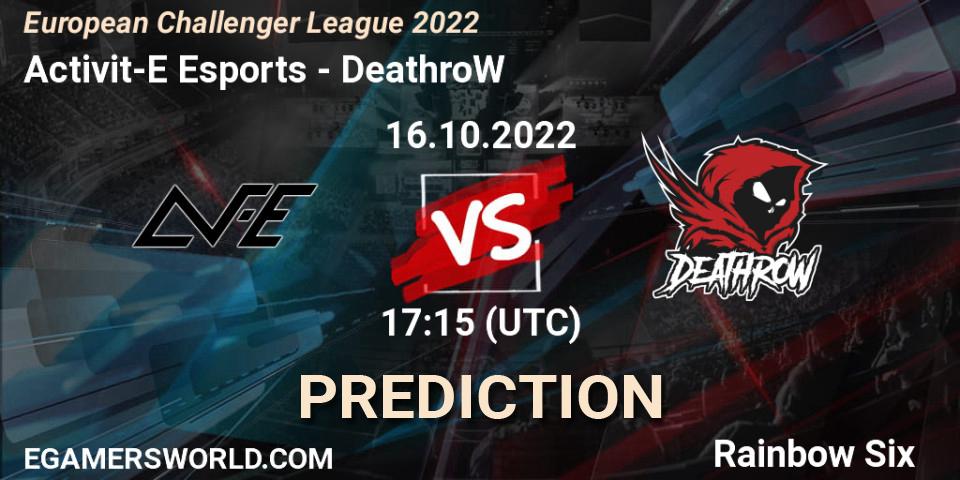 Activit-E Esports contre DeathroW : prédiction de match. 21.10.2022 at 17:15. Rainbow Six, European Challenger League 2022