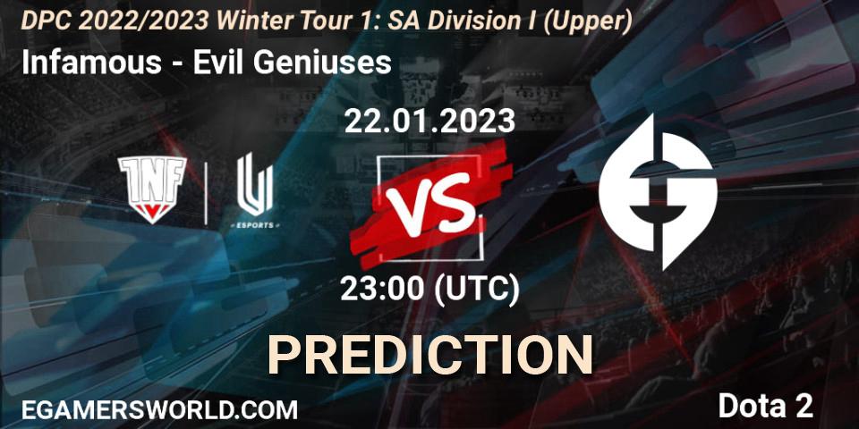 Infamous contre Evil Geniuses : prédiction de match. 22.01.23. Dota 2, DPC 2022/2023 Winter Tour 1: SA Division I (Upper) 