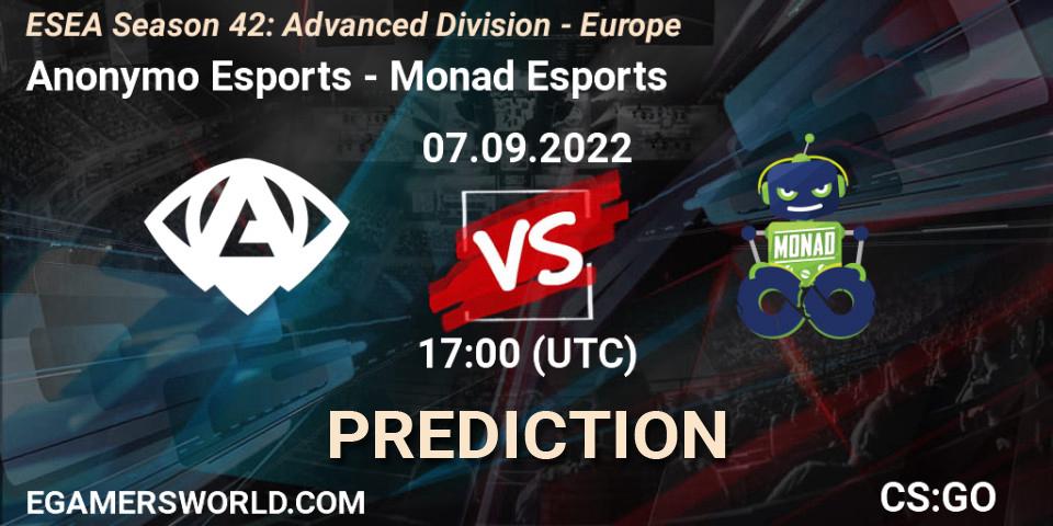 Anonymo Esports contre Monad Esports : prédiction de match. 07.09.2022 at 17:00. Counter-Strike (CS2), ESEA Season 42: Advanced Division - Europe
