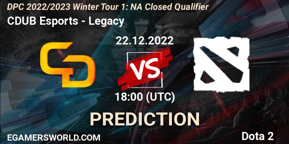 CDUB Esports contre Legacy遗 : prédiction de match. 22.12.2022 at 18:00. Dota 2, DPC 2022/2023 Winter Tour 1: NA Closed Qualifier