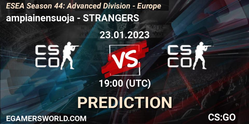 ampiainensuoja contre STRANGERS : prédiction de match. 23.01.2023 at 19:00. Counter-Strike (CS2), ESEA Season 44: Advanced Division - Europe