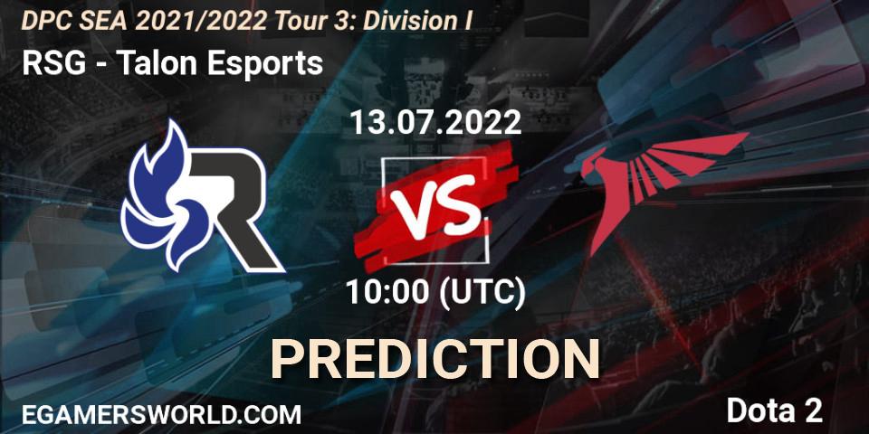 RSG contre Talon Esports : prédiction de match. 13.07.2022 at 10:44. Dota 2, DPC SEA 2021/2022 Tour 3: Division I
