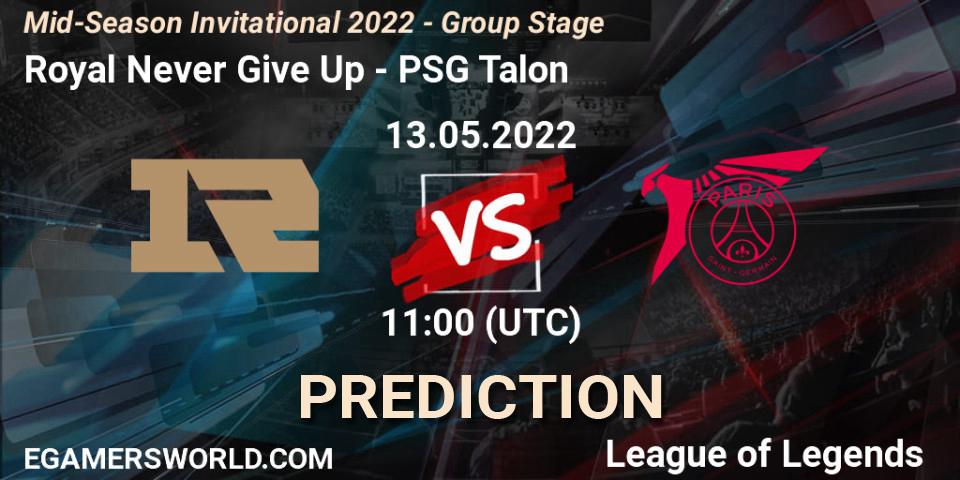 Royal Never Give Up contre PSG Talon : prédiction de match. 11.05.2022 at 13:00. LoL, Mid-Season Invitational 2022 - Group Stage