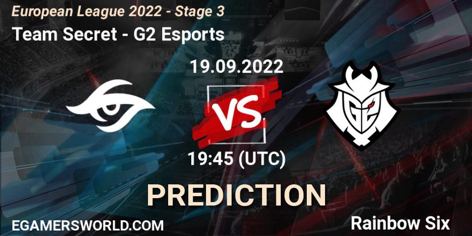 Team Secret contre G2 Esports : prédiction de match. 19.09.2022 at 19:45. Rainbow Six, European League 2022 - Stage 3