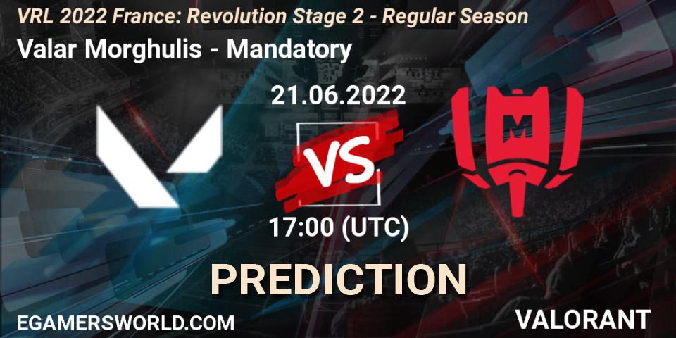 Valar Morghulis contre Mandatory : prédiction de match. 21.06.2022 at 17:05. VALORANT, VRL 2022 France: Revolution Stage 2 - Regular Season