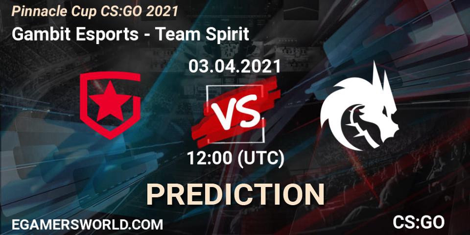 Gambit Esports contre Team Spirit : prédiction de match. 03.04.2021 at 08:00. Counter-Strike (CS2), Pinnacle Cup #1