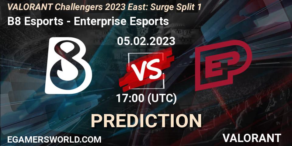 B8 Esports contre Enterprise Esports : prédiction de match. 05.02.23. VALORANT, VALORANT Challengers 2023 East: Surge Split 1
