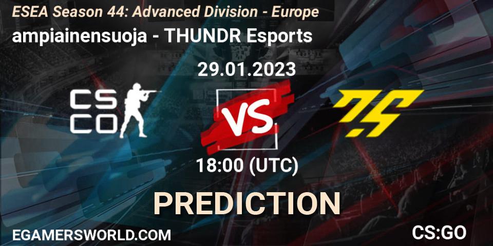 ampiainensuoja contre THUNDR Esports : prédiction de match. 29.01.23. CS2 (CS:GO), ESEA Season 44: Advanced Division - Europe