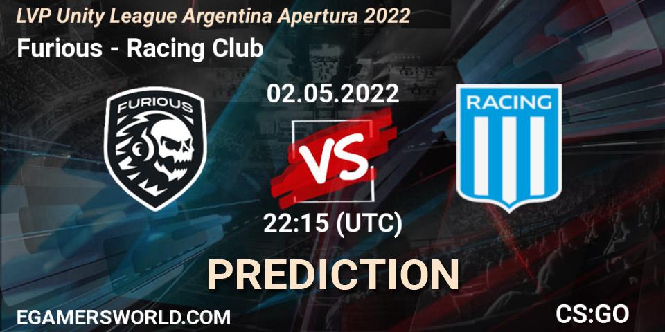 Furious contre Racing Club : prédiction de match. 02.05.2022 at 22:15. Counter-Strike (CS2), LVP Unity League Argentina Apertura 2022