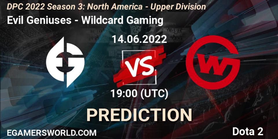 Evil Geniuses contre Wildcard Gaming : prédiction de match. 14.06.2022 at 19:02. Dota 2, DPC NA 2021/2022 Tour 3: Division I