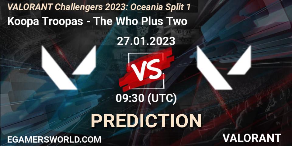 Koopa Troopas contre The Who Plus Two : prédiction de match. 27.01.2023 at 09:30. VALORANT, VALORANT Challengers 2023: Oceania Split 1